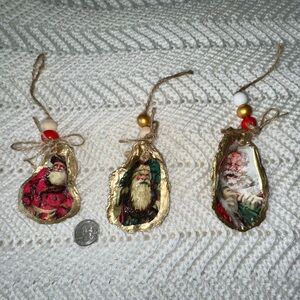 3 Beautiful Handmade Santa Claus Decoupage Christmas Oyster Shell Ornaments